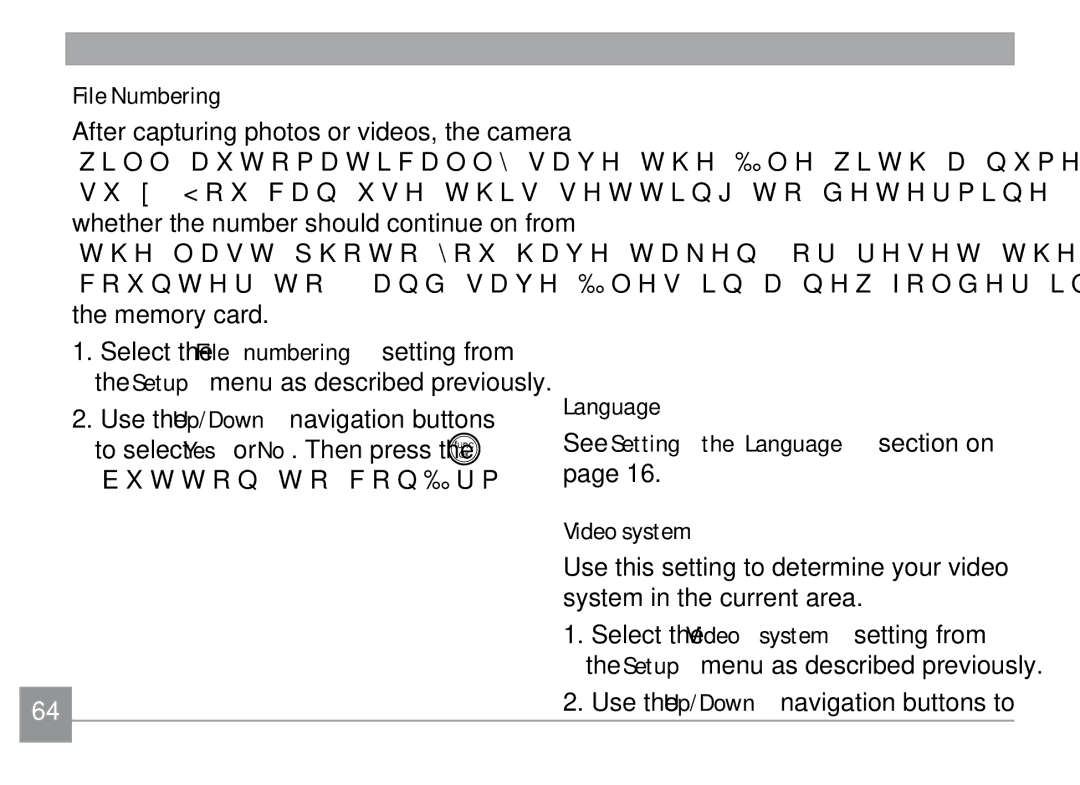 GE H855 manual File Numbering, See Setting the Language section on, Video system, Use the Up/Down navigation buttons to 