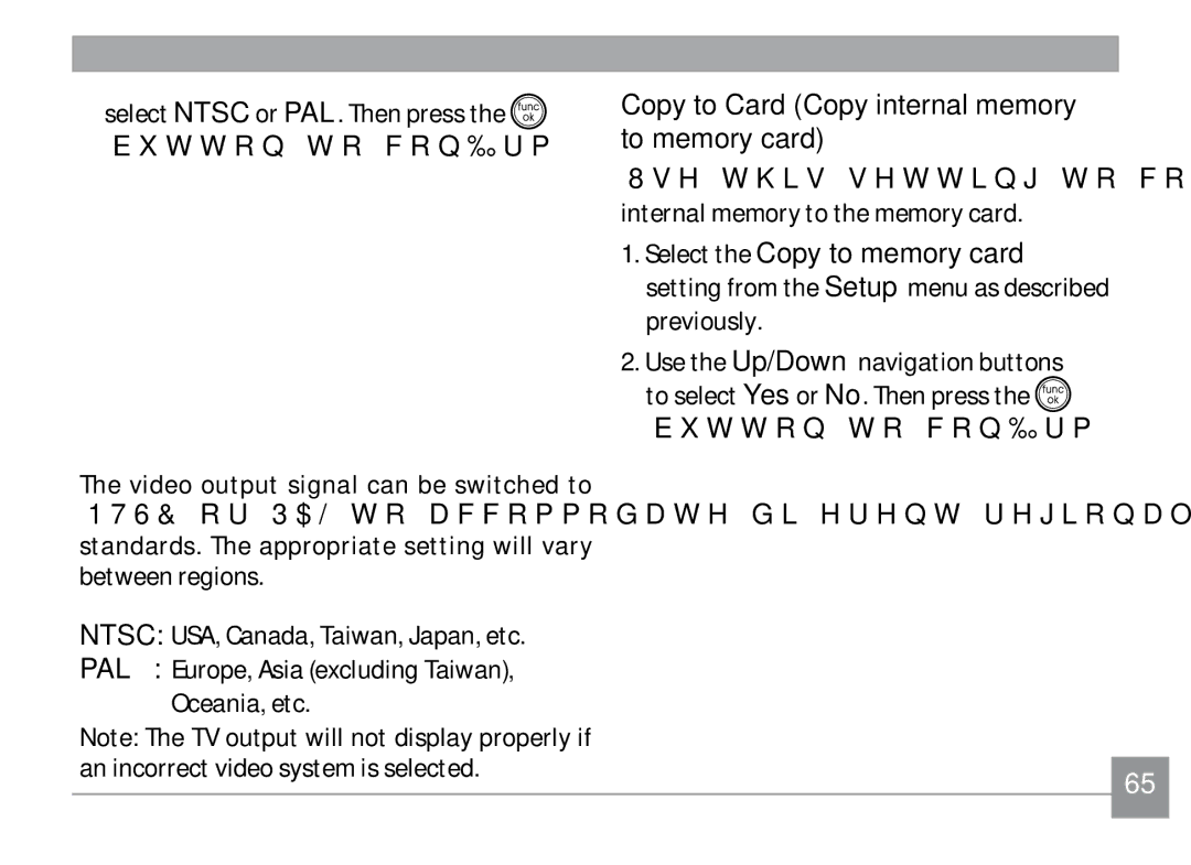 GE H855 manual Select Ntsc or PAL. Then press Button to confirm, Copy to Card Copy internal memory to memory card 