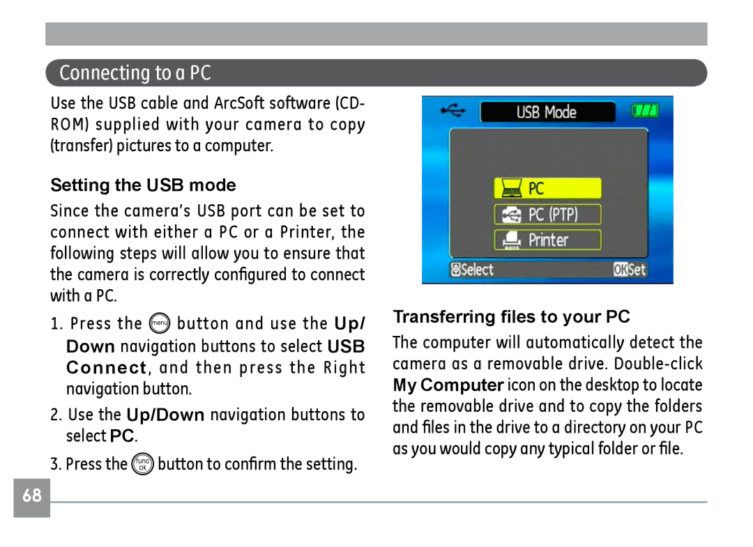 GE H855 manual Connecting to a PC, Setting the USB mode, Transferring files to your PC 