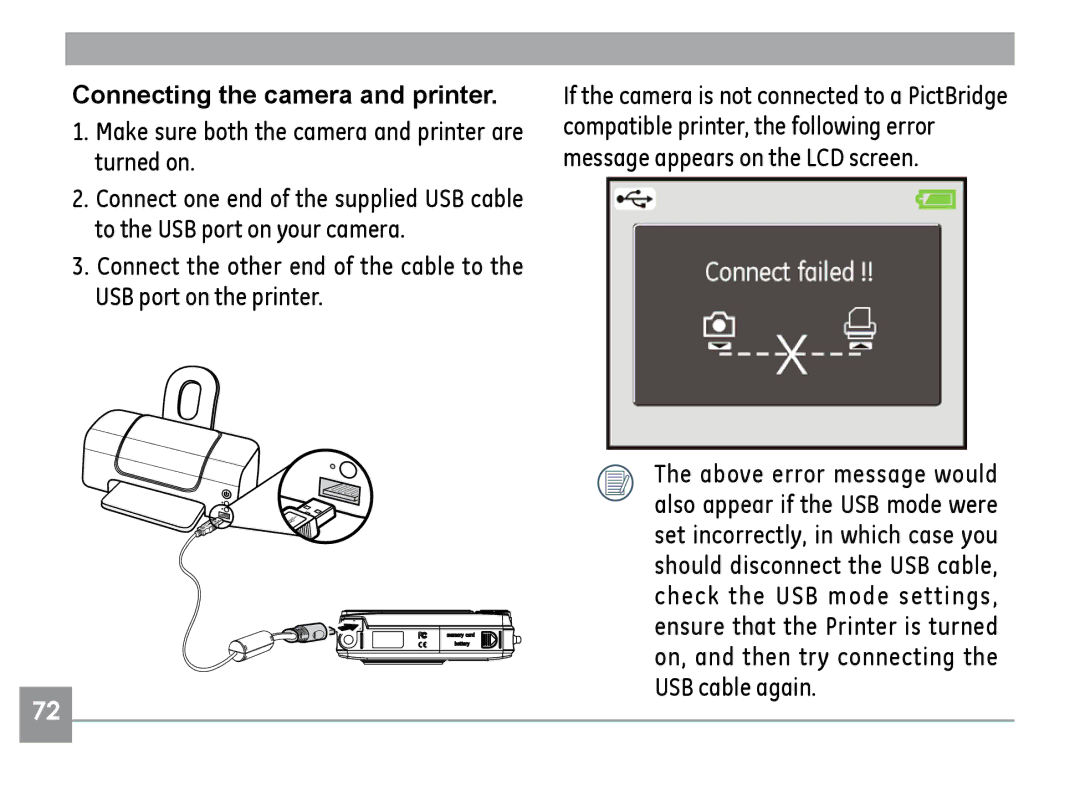 GE H855 manual Connecting the camera and printer 