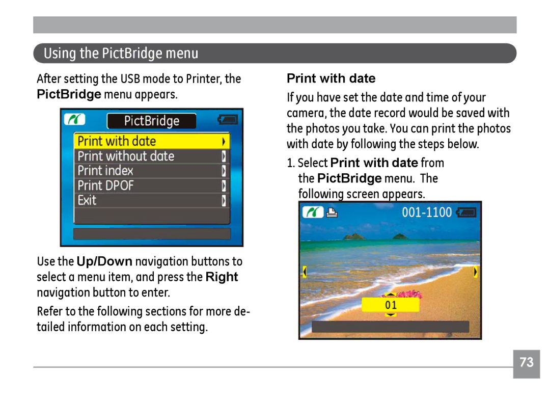 GE H855 manual Using the PictBridge menu, Print with date 