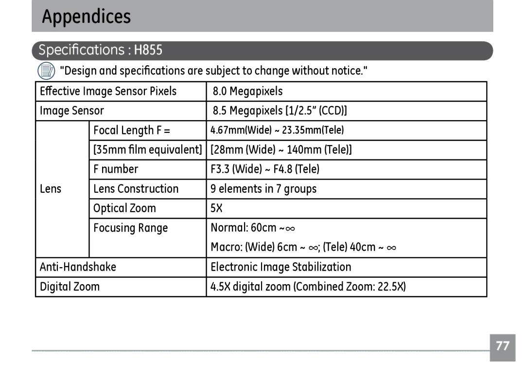 GE manual Specifications H855, 28mm Wide ~ 140mm Tele 