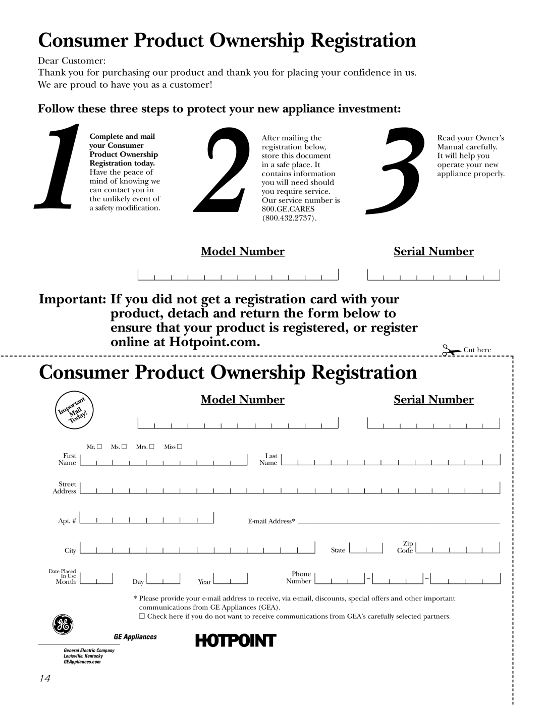 GE HDA1200, HDA2000, HDA3400, HDA1000, HDA3700 owner manual Consumer Product Ownership Registration 