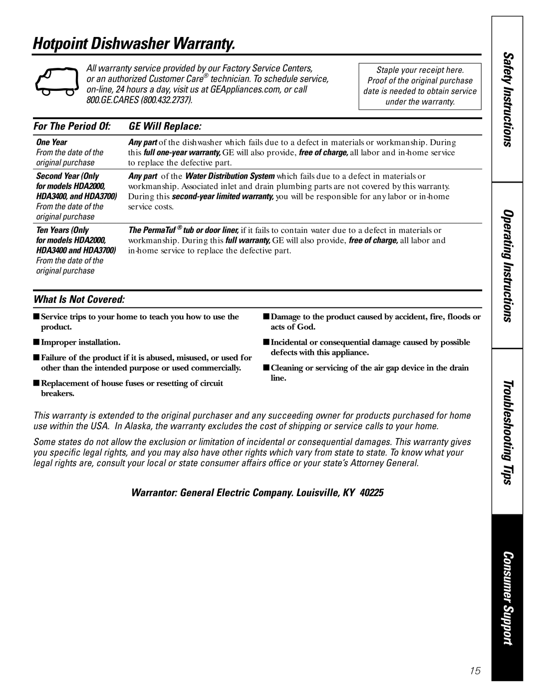 GE HDA3400, HDA1000 Hotpoint Dishwasher Warranty, One Year, Second Year Only, For models HDA2000, Ten Years Only 