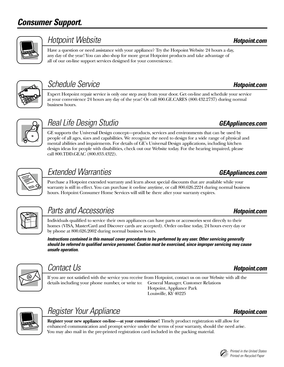 GE HDA3400 Consumer Support Hotpoint Website, Schedule Service, Real Life Design Studio, Extended Warranties, Contact Us 