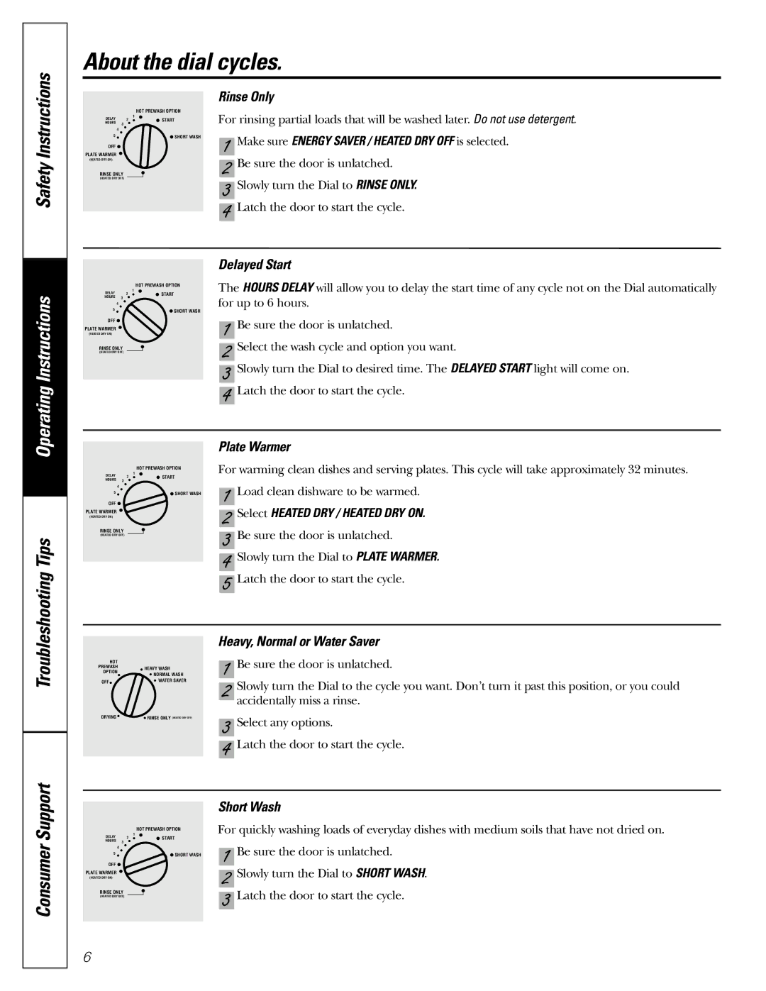 GE HDA3400, HDA2000, HDA1000, HDA3700, HDA1200 owner manual About the dial cycles 