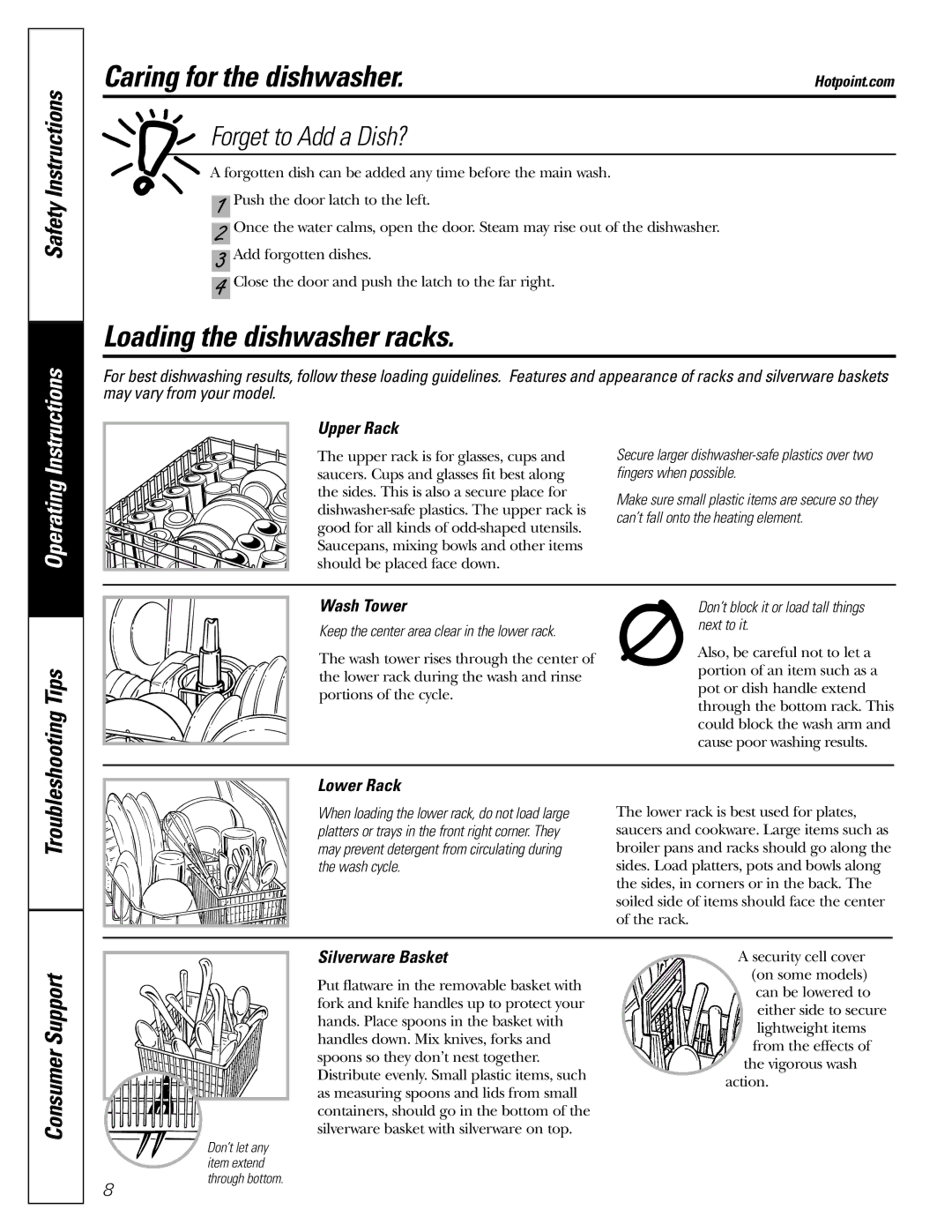 GE HDA3700, HDA2000, HDA3400, HDA1000, HDA1200 Caring for the dishwasher, Loading the dishwasher racks, Forget to Add a Dish? 