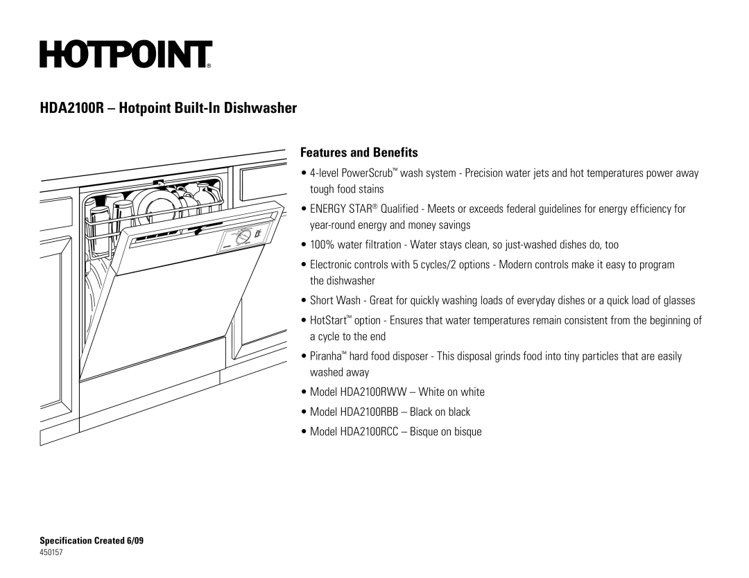 GE HDA2100RBB, HDA2100NCC, HDA2100RWW, HDA2100NWW, HDA2100RCC, HDA2100NBB dimensions Features and Benefits 