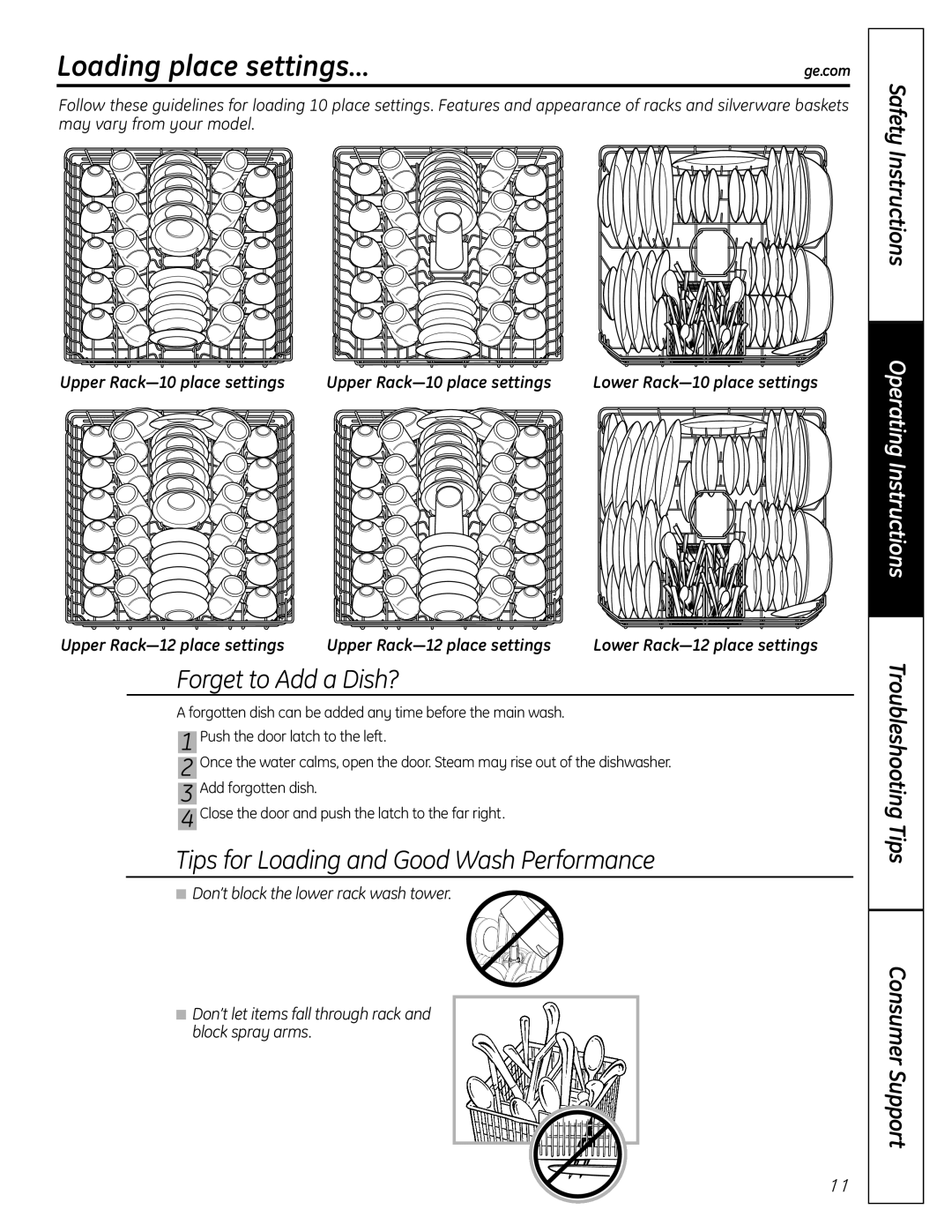 GE GSD1000, HDA3000, GHDA300 SERIES Loading place settings…, Upper Rack-10 place settings, Upper Rack-12 place settings 