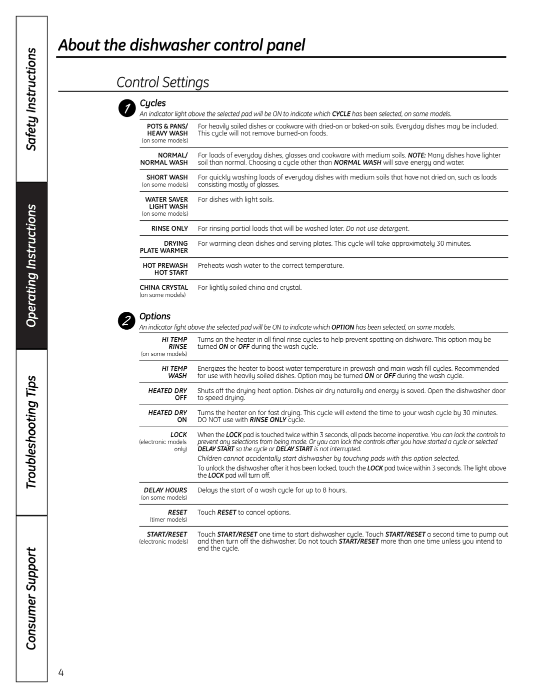 GE HDA3000, GHDA300 SERIES, GSD2000, GSD1000 manual About the dishwasher control panel, Cycles, Options 