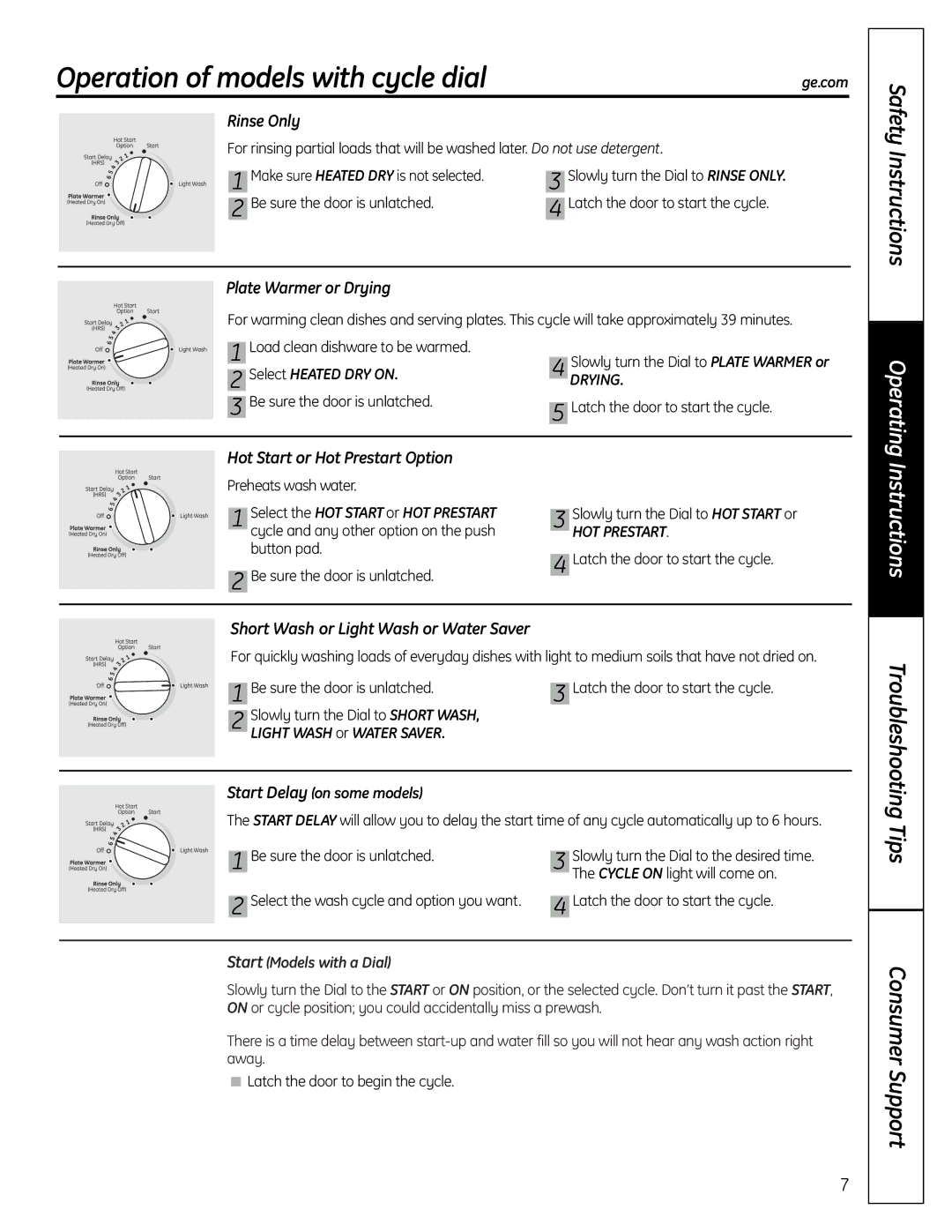 GE GSD1000 Operation of models with cycle dialge.com, Rinse Only, Plate Warmer or Drying, Hot Start or Hot Prestart Option 