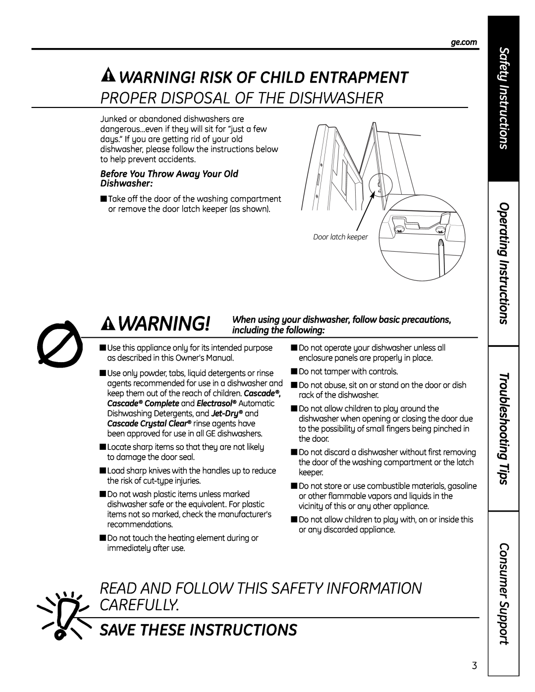 GE GSD1000, HDA3000 Warning! Risk Of Child Entrapment, Proper Disposal Of The Dishwasher, Support, Save These Instructions 