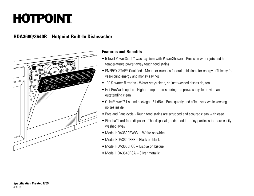 GE HDA3600RWW, HDA3600RBB, HDA3600RCC, HDA3640RSA, HDA3440GSA dimensions Features and Benefits 