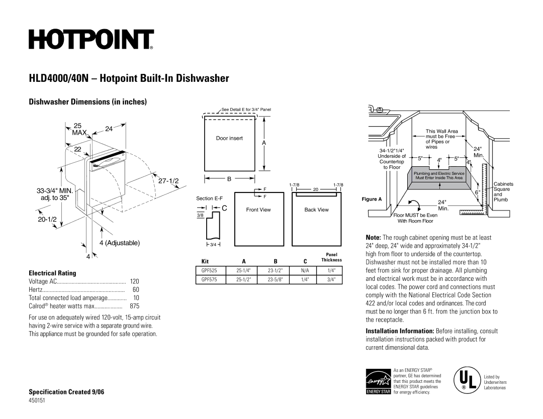 GE HLD4040N dimensions HLD4000/40N Hotpoint Built-In Dishwasher, Dishwasher Dimensions in inches, Electrical Rating, KitAB 