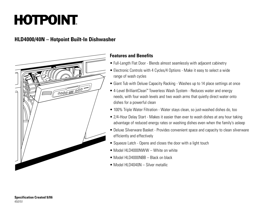 GE HLD4000NWW, HLD4040N, HLD4000NBB dimensions Features and Benefits 