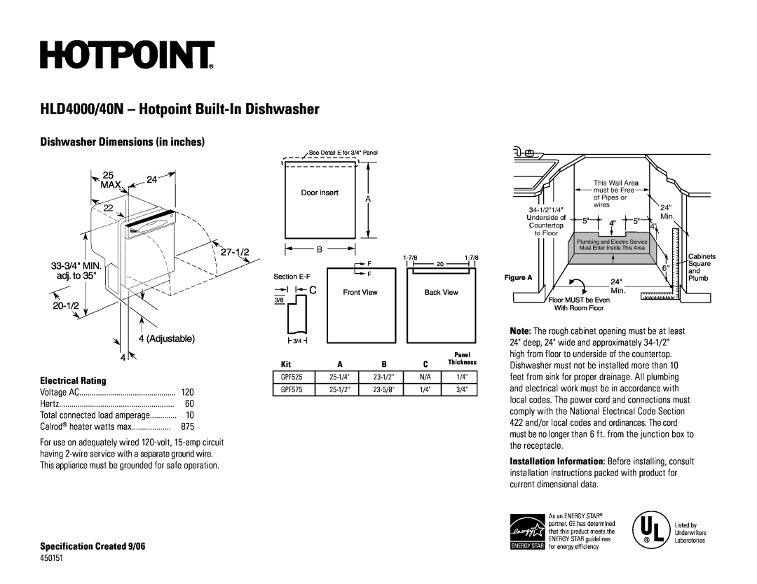 GE HLD4040N dimensions HLD4000/40N - Hotpoint Built-In Dishwasher, Dishwasher Dimensions in inches, Electrical Rating 