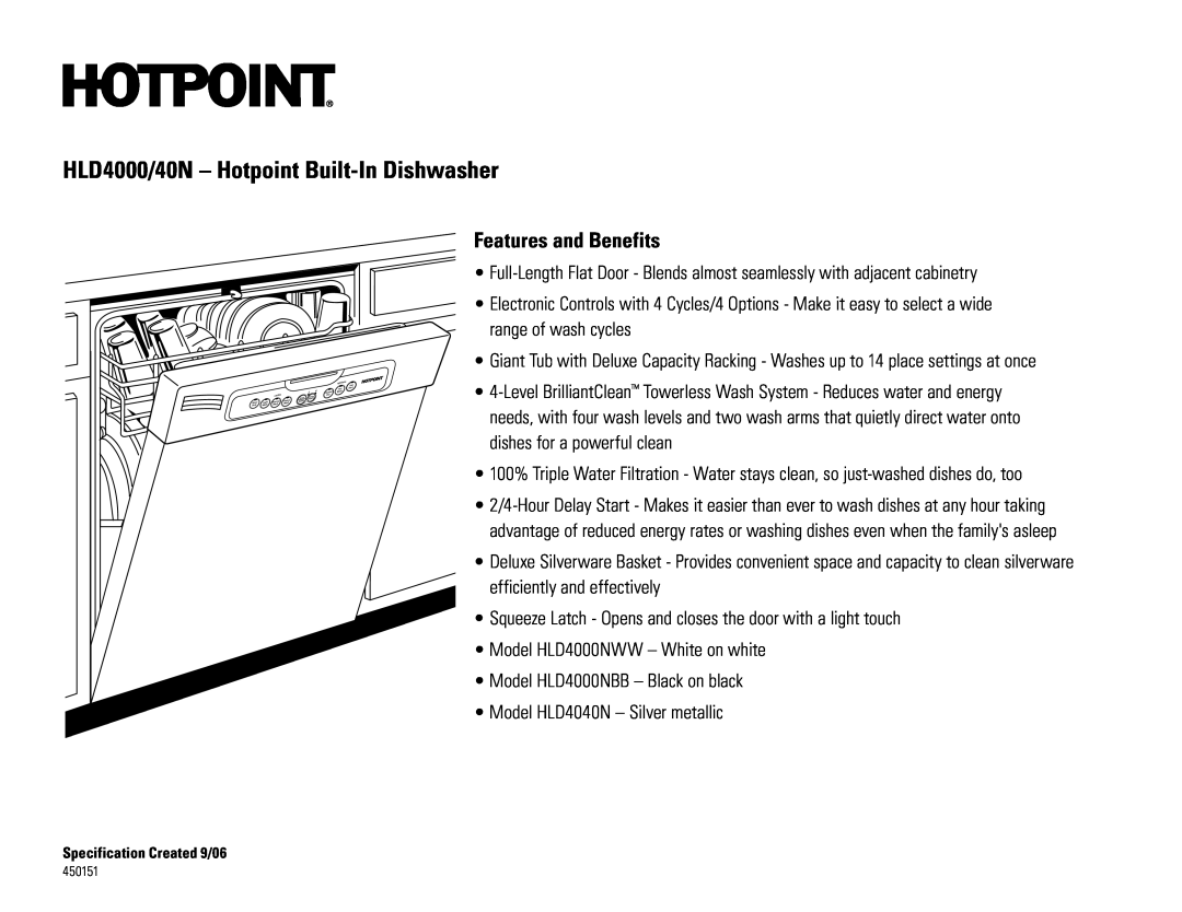 GE HLD4000NWW, HLD4040N, HLD4000NBB dimensions HLD4000/40N - Hotpoint Built-In Dishwasher, Features and Benefits 