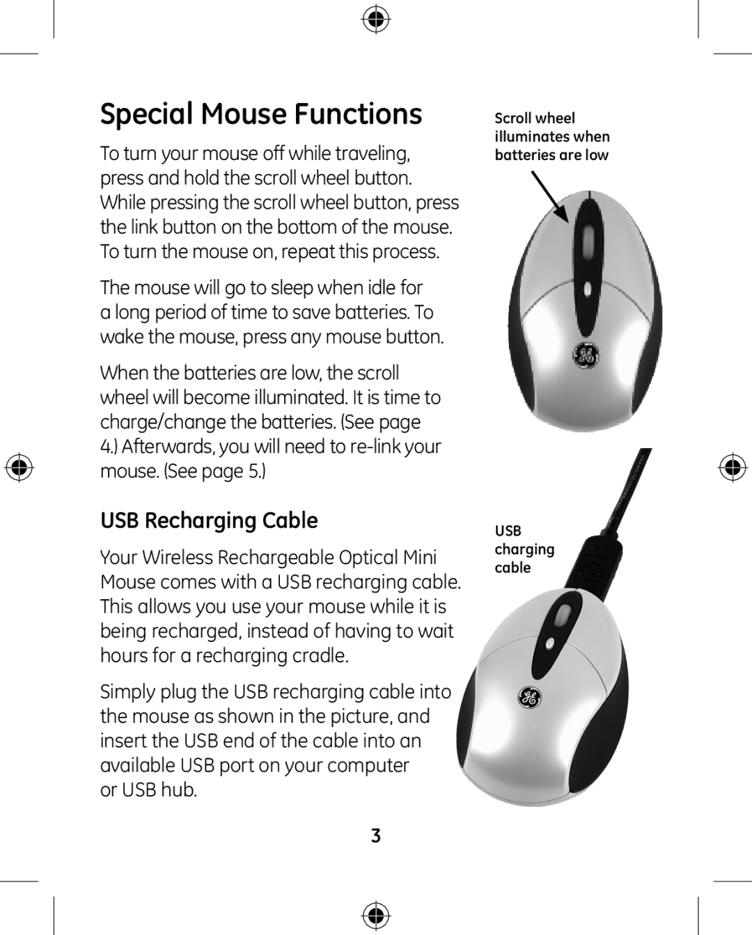 GE HO97663 instruction manual Special Mouse Functions, USB Recharging Cable 