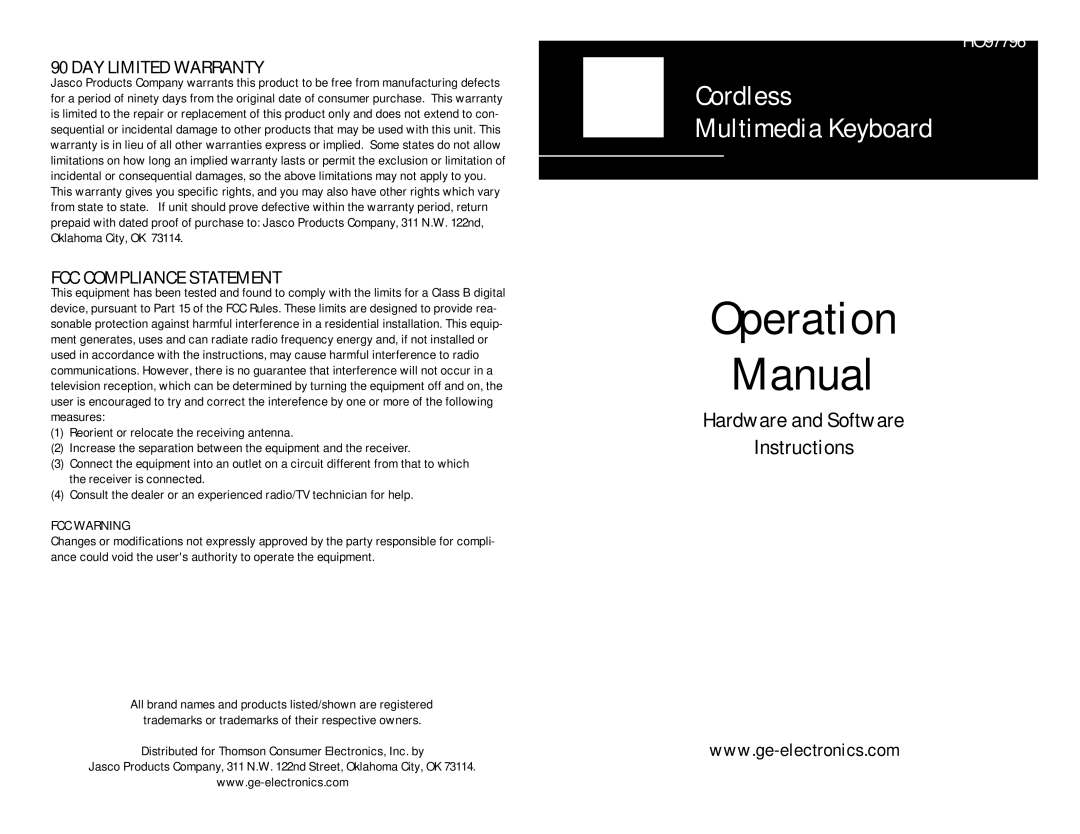 GE HO97796 operation manual DAY Limited Warranty, FCC Compliance Statement 