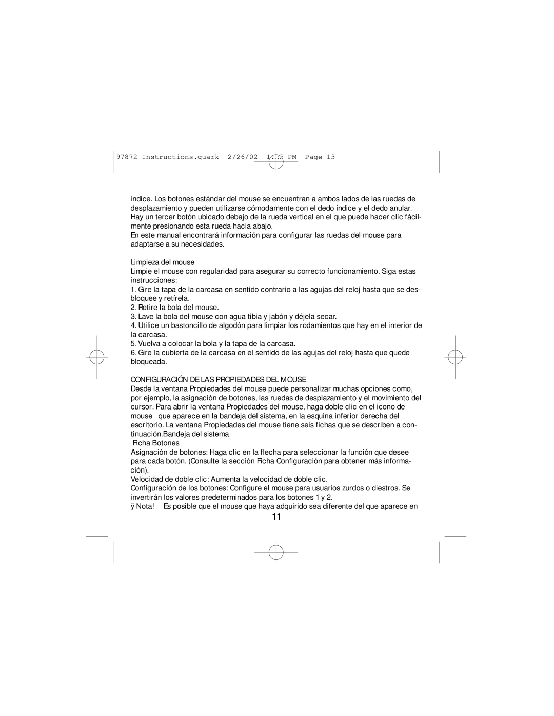 GE HO97872 instruction manual Configuración DE LAS Propiedades DEL Mouse 