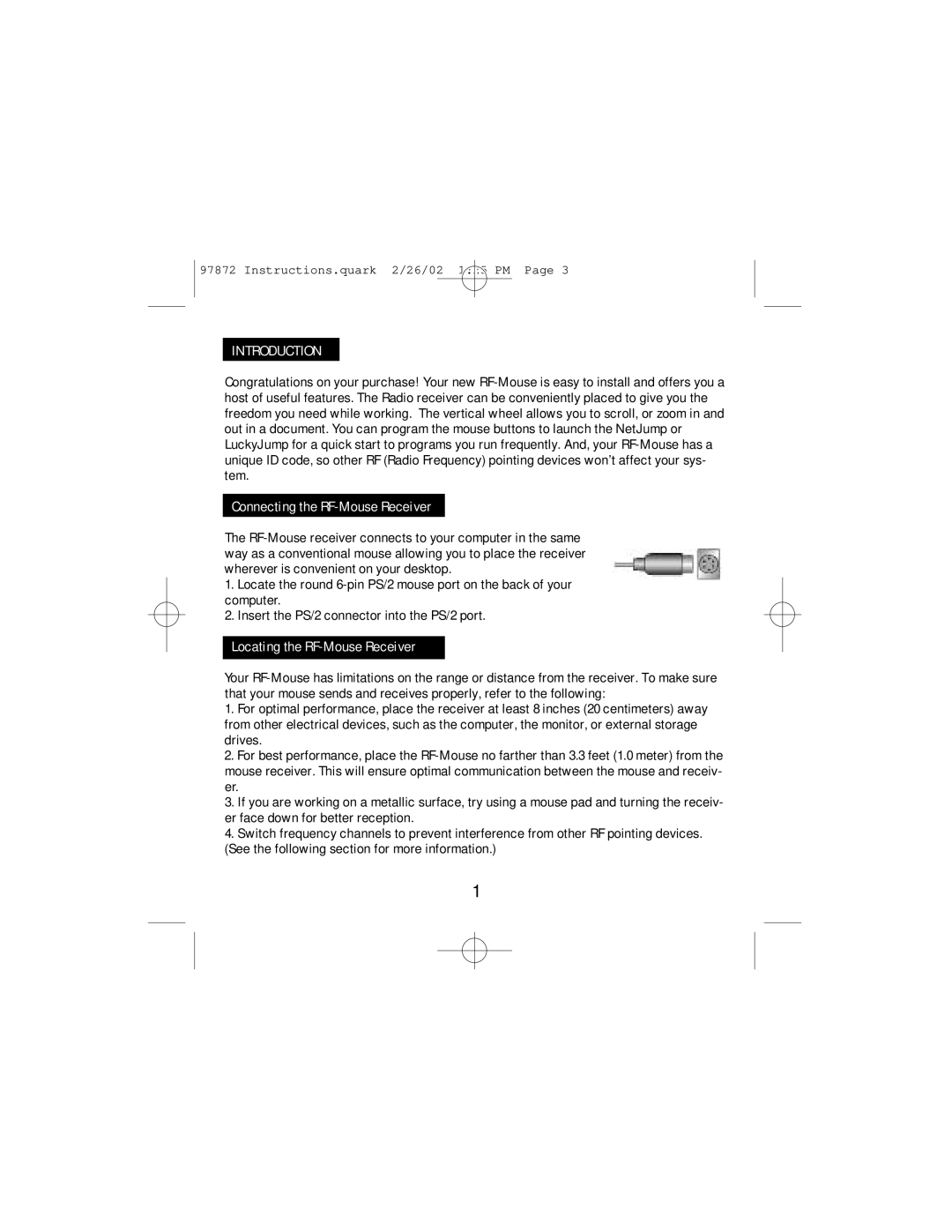 GE HO97872 instruction manual Connecting the RF-Mouse Receiver, Locating the RF-Mouse Receiver 