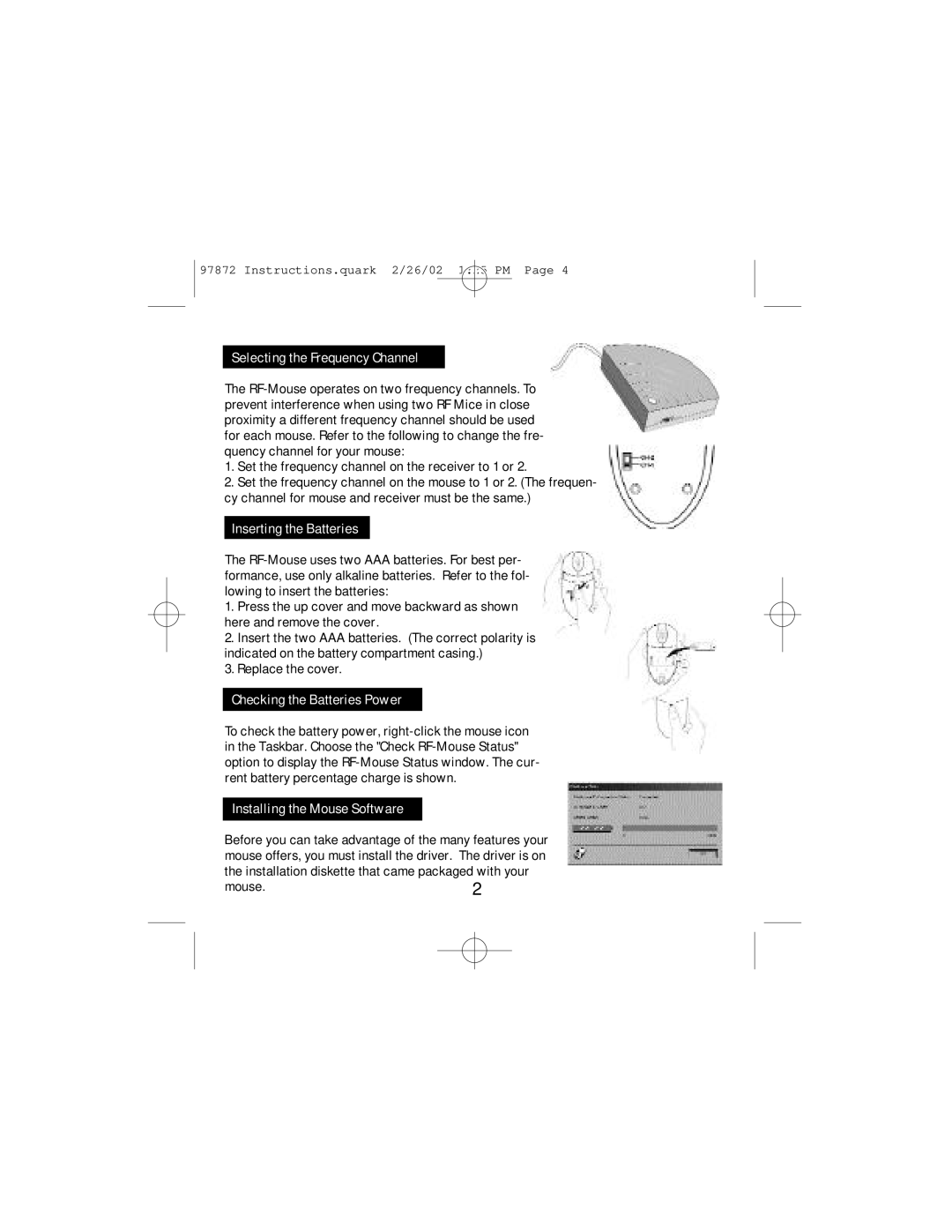 GE HO97872 instruction manual Selecting the Frequency Channel, Inserting the Batteries, Checking the Batteries Power 