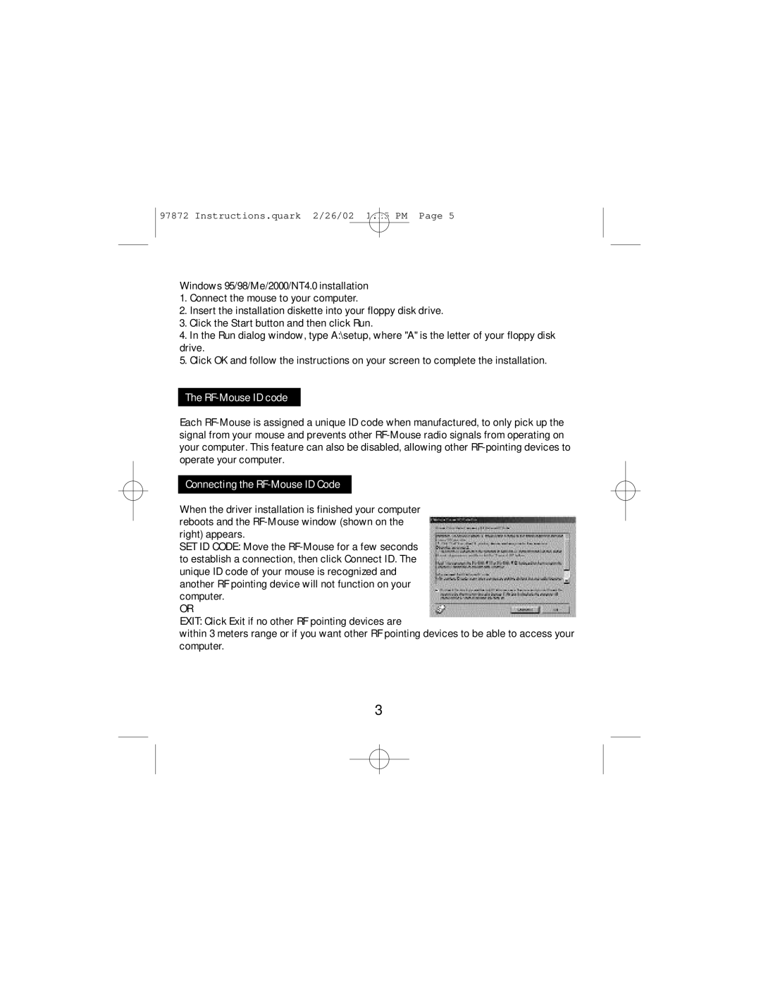 GE HO97872 instruction manual RF-Mouse ID code, Connecting the RF-Mouse ID Code 