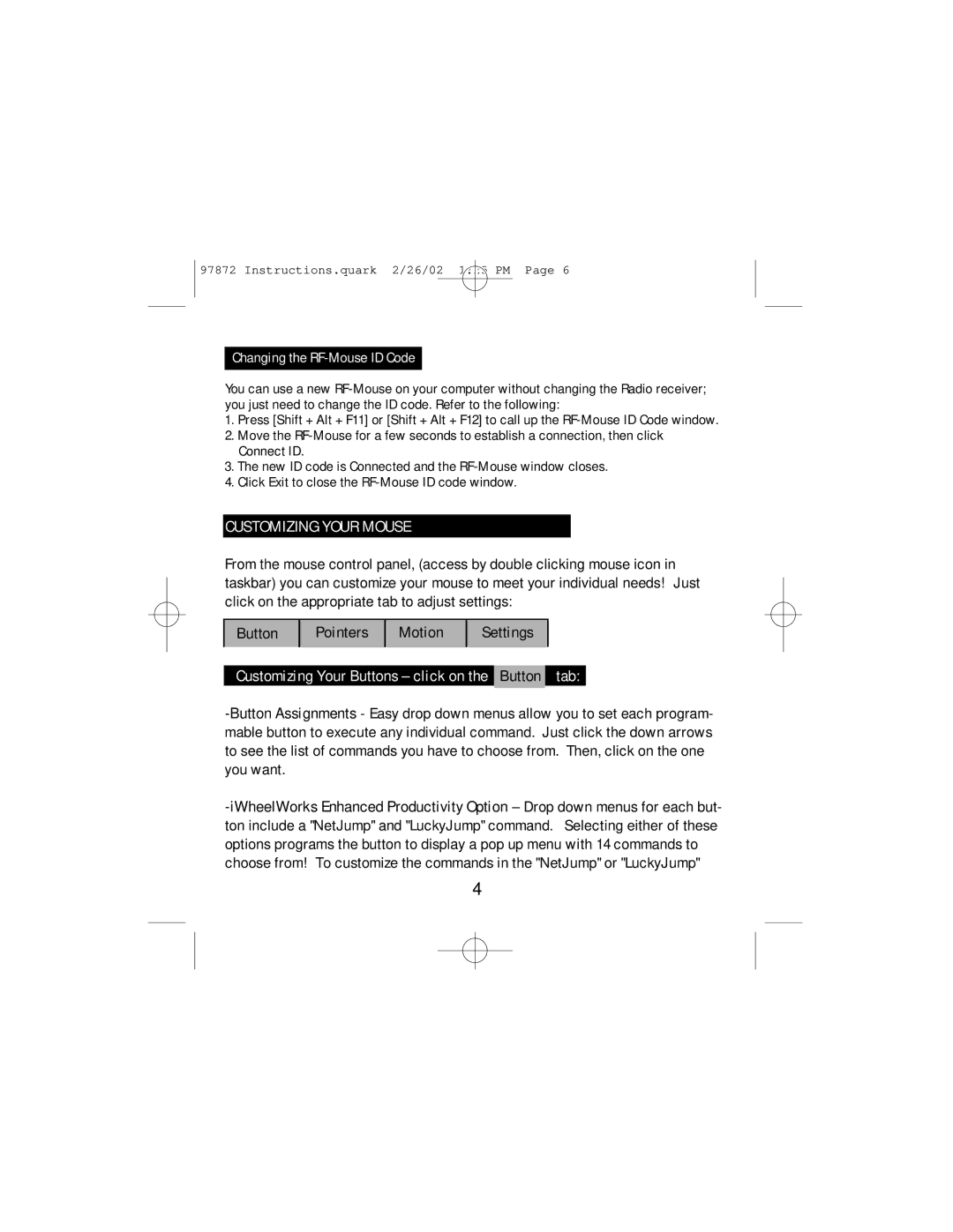 GE HO97872 instruction manual Customizing Your Buttons click on the Button tab, Changing the RF-Mouse ID Code 