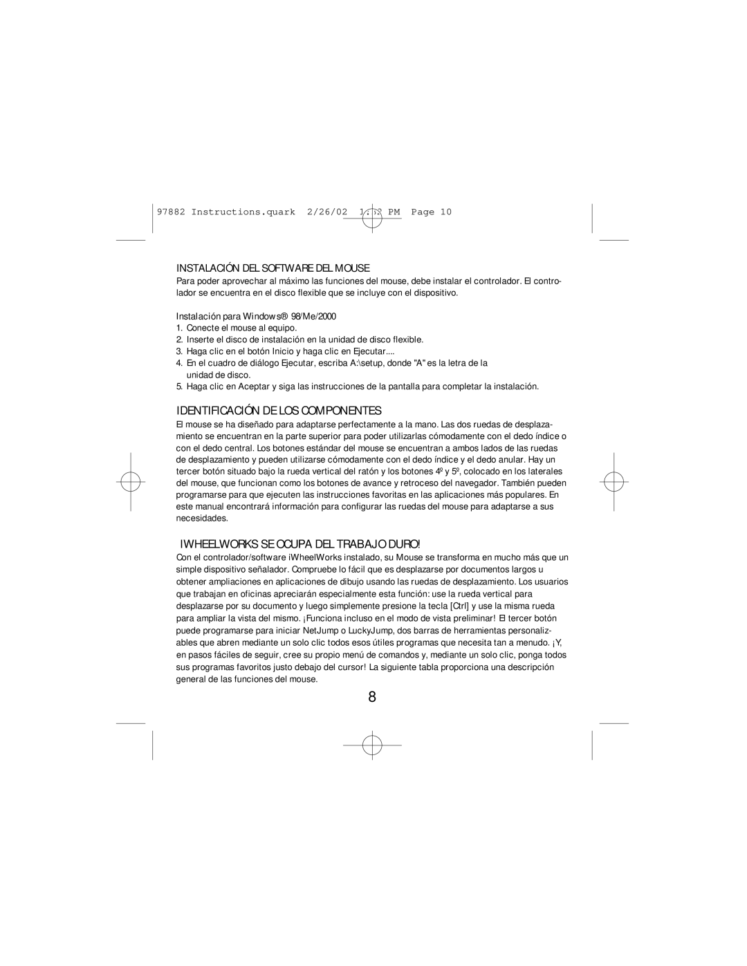 GE HO97882 instruction manual Instalación DEL Software DEL Mouse, Instalación para Windows 98/Me/2000 