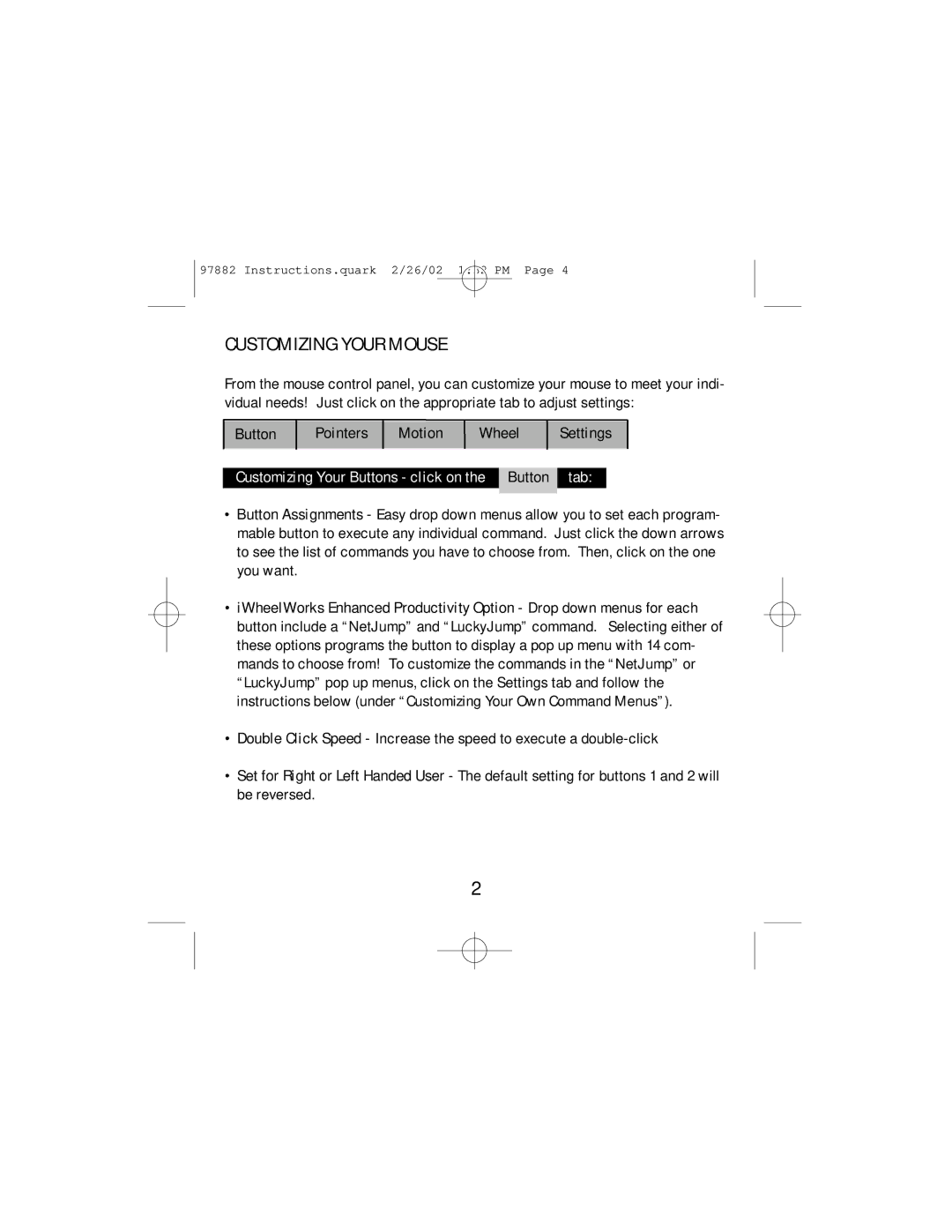 GE HO97882 instruction manual Customizing Your Mouse, Tab 