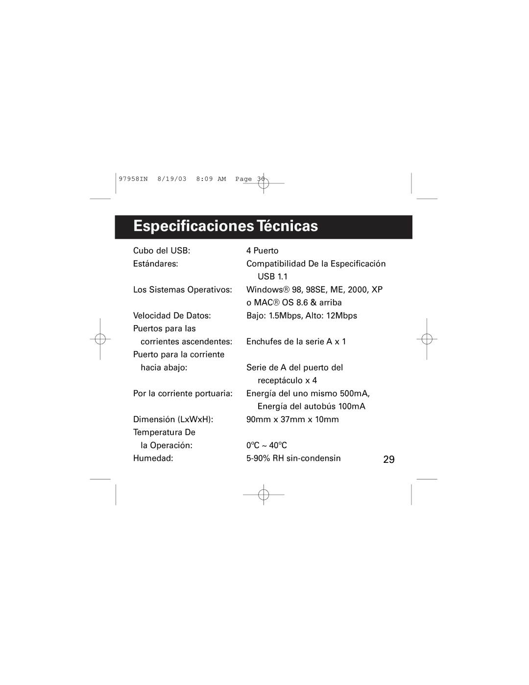 GE HO97958 manual Especificaciones Técnicas 