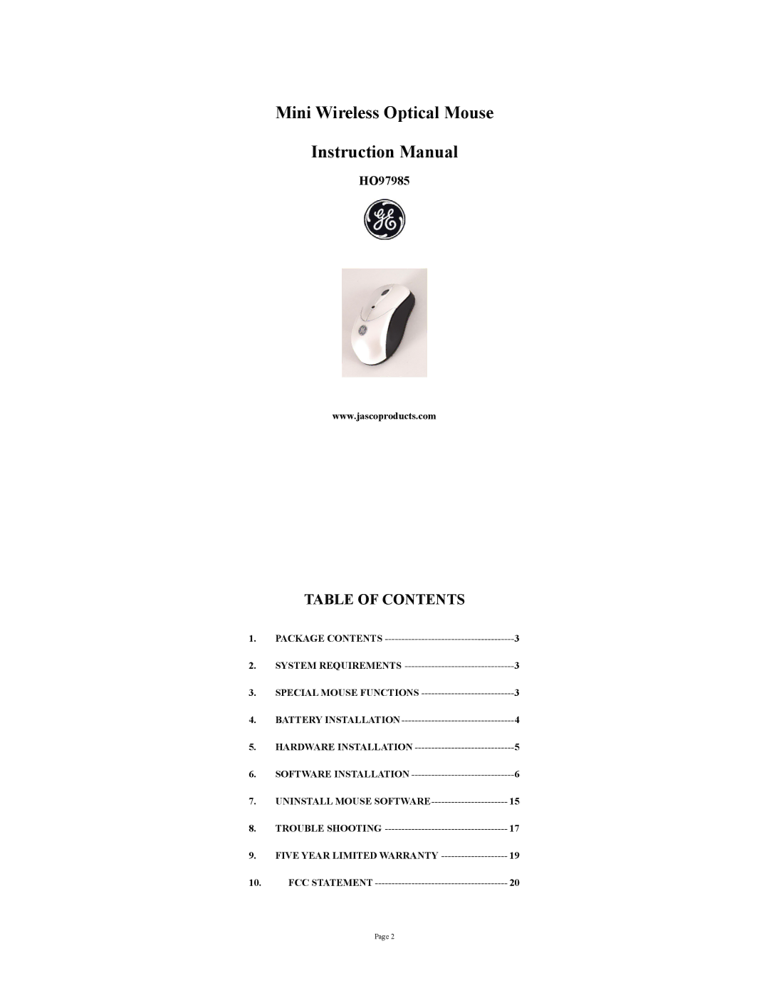 GE HO97985 instruction manual Mini Wireless Optical Mouse 