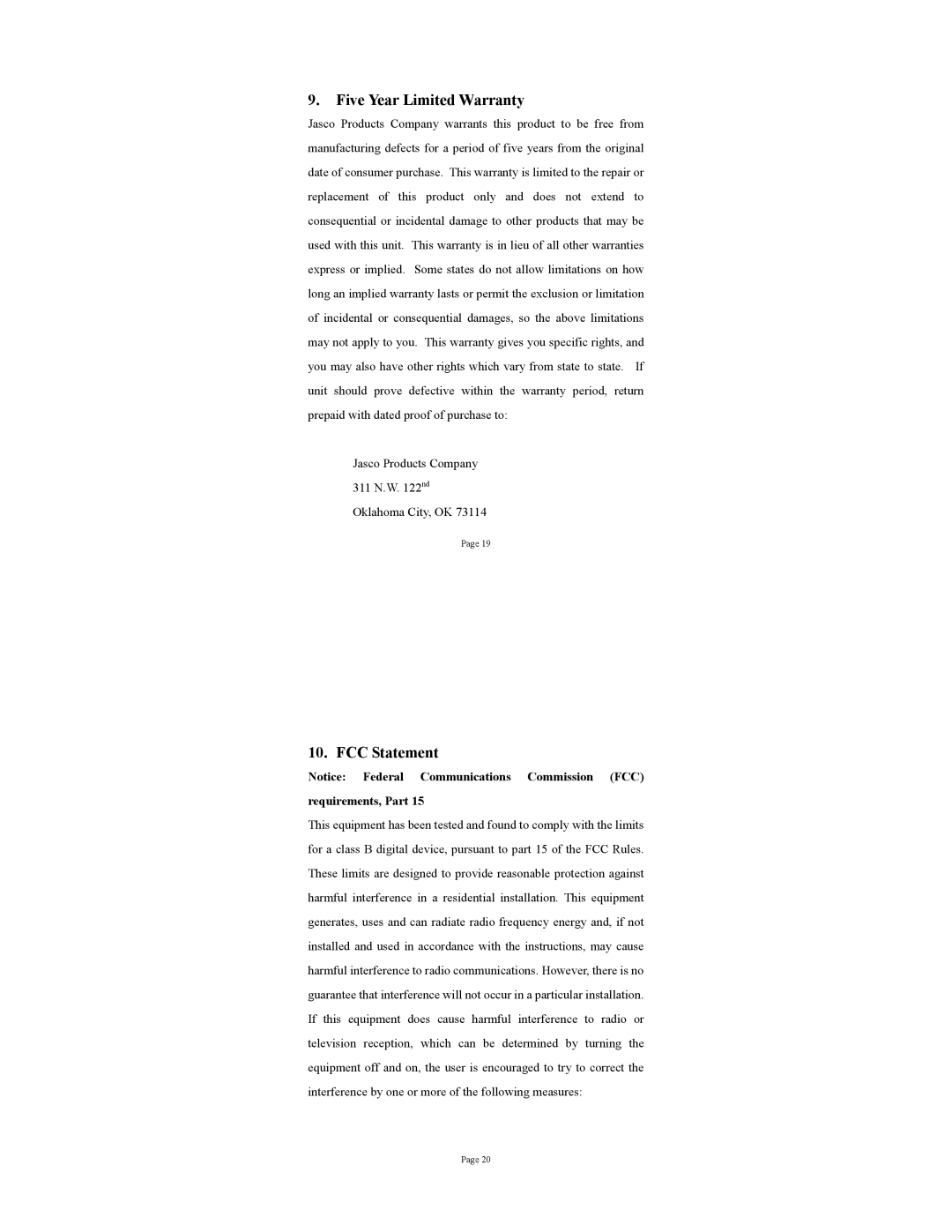 GE HO97985 instruction manual Five Year Limited Warranty, FCC Statement, Requirements, Part 