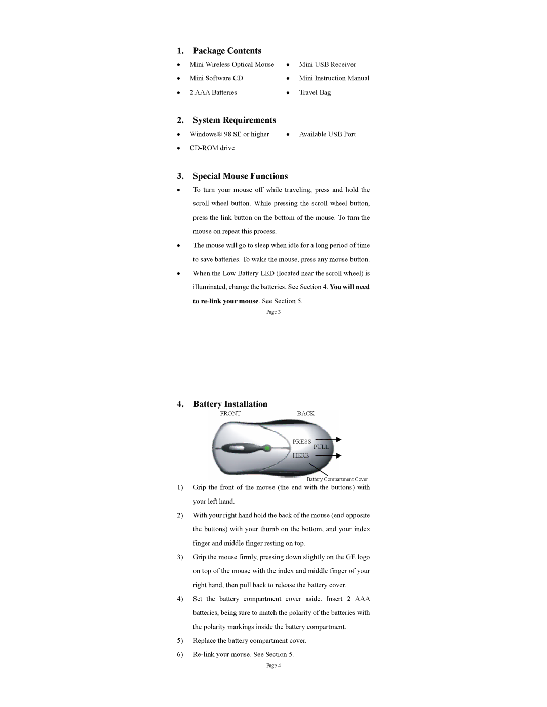 GE HO97985 instruction manual Package Contents, System Requirements, Special Mouse Functions, Battery Installation 