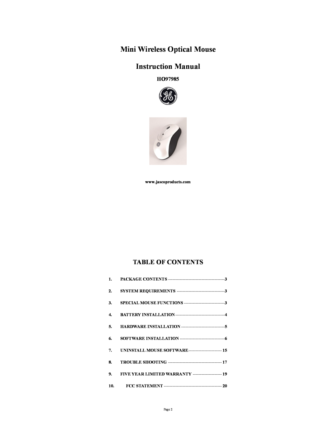 GE HO97985 instruction manual Mini Wireless Optical Mouse Instruction Manual, Table Of Contents 