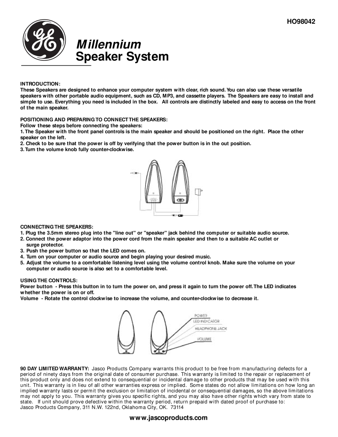 GE HO98042 warranty Introduction, Positioning and Preparing to Connect the Speakers, Connecting the Speakers 