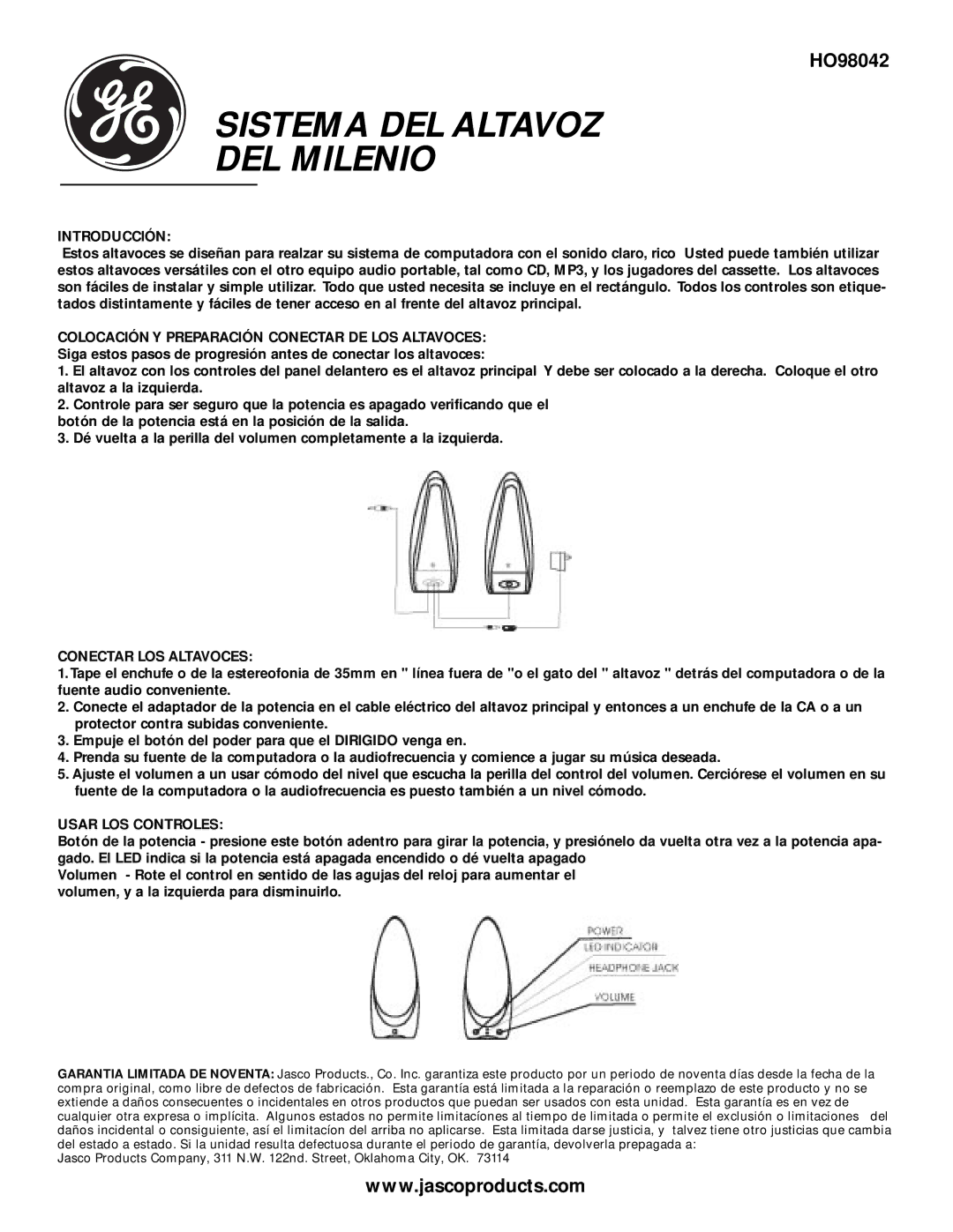 GE HO98042 Introducción, Colocación Y Preparación Conectar DE LOS Altavoces, Conectar LOS Altavoces, Usar LOS Controles 