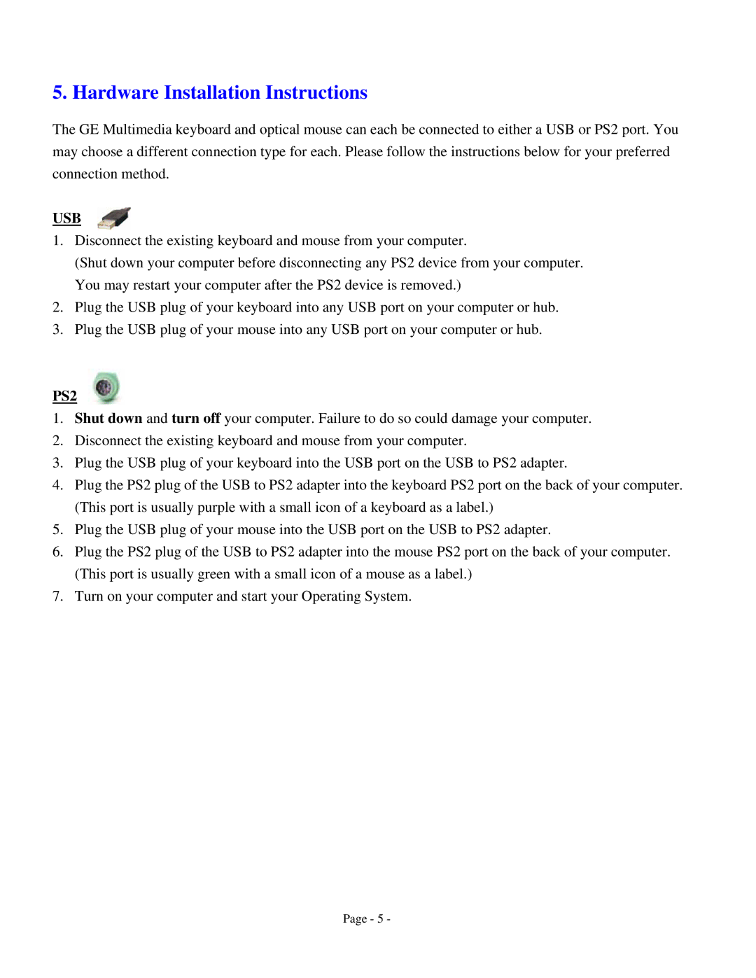 GE HO98056 user manual Hardware Installation Instructions, Usb 