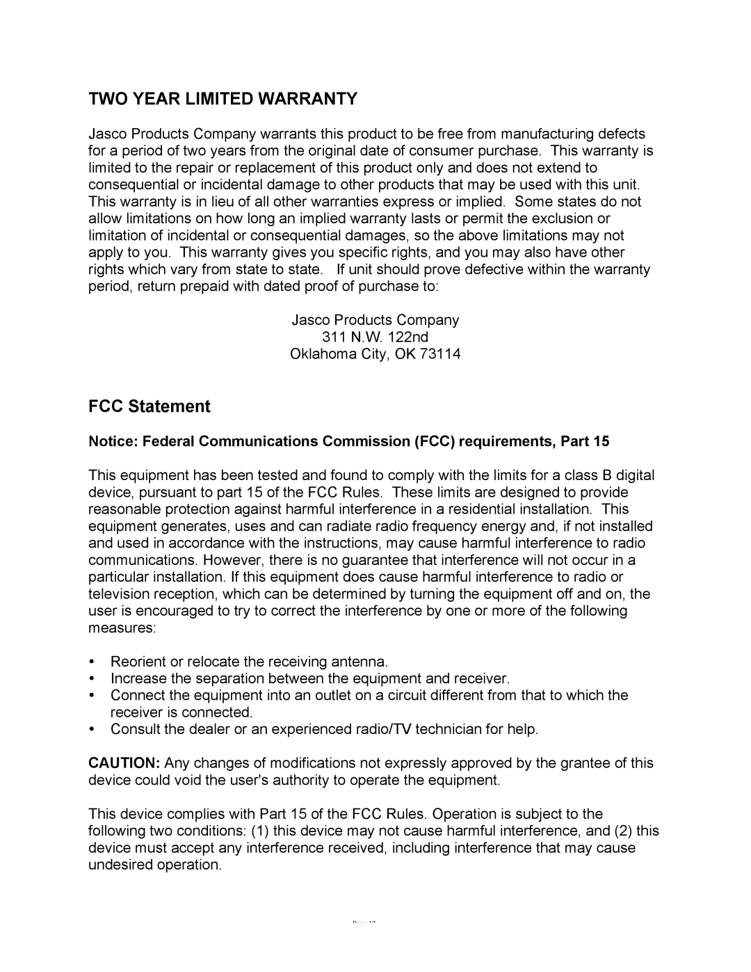 GE HO98067 user manual TWO Year Limited Warranty, FCC Statement 