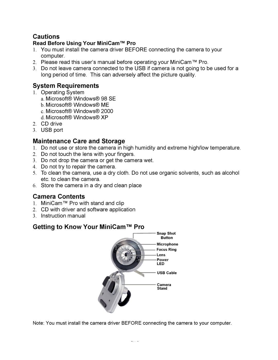 GE HO98067 user manual System Requirements, Maintenance Care and Storage, Camera Contents, Getting to Know Your MiniCam Pro 