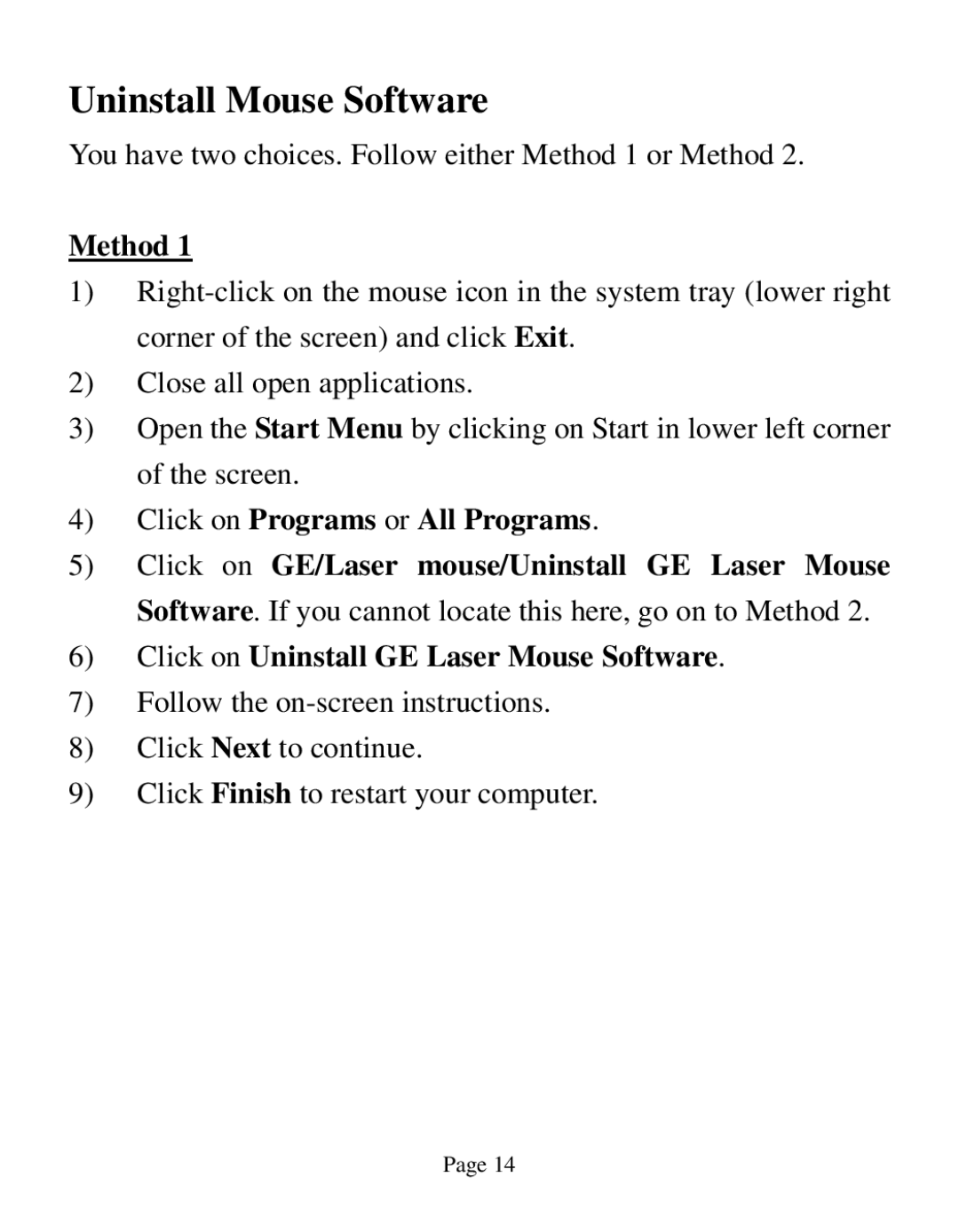 GE HO98535 instruction manual Uninstall Mouse Software 