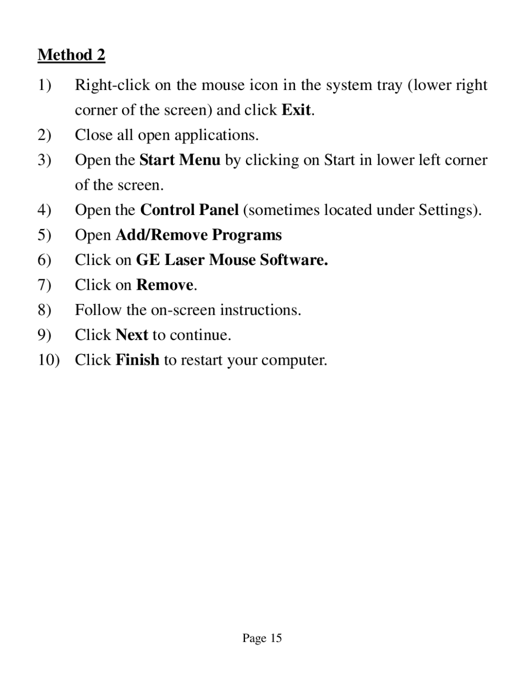 GE HO98535 instruction manual Open Add/Remove Programs Click on GE Laser Mouse Software 