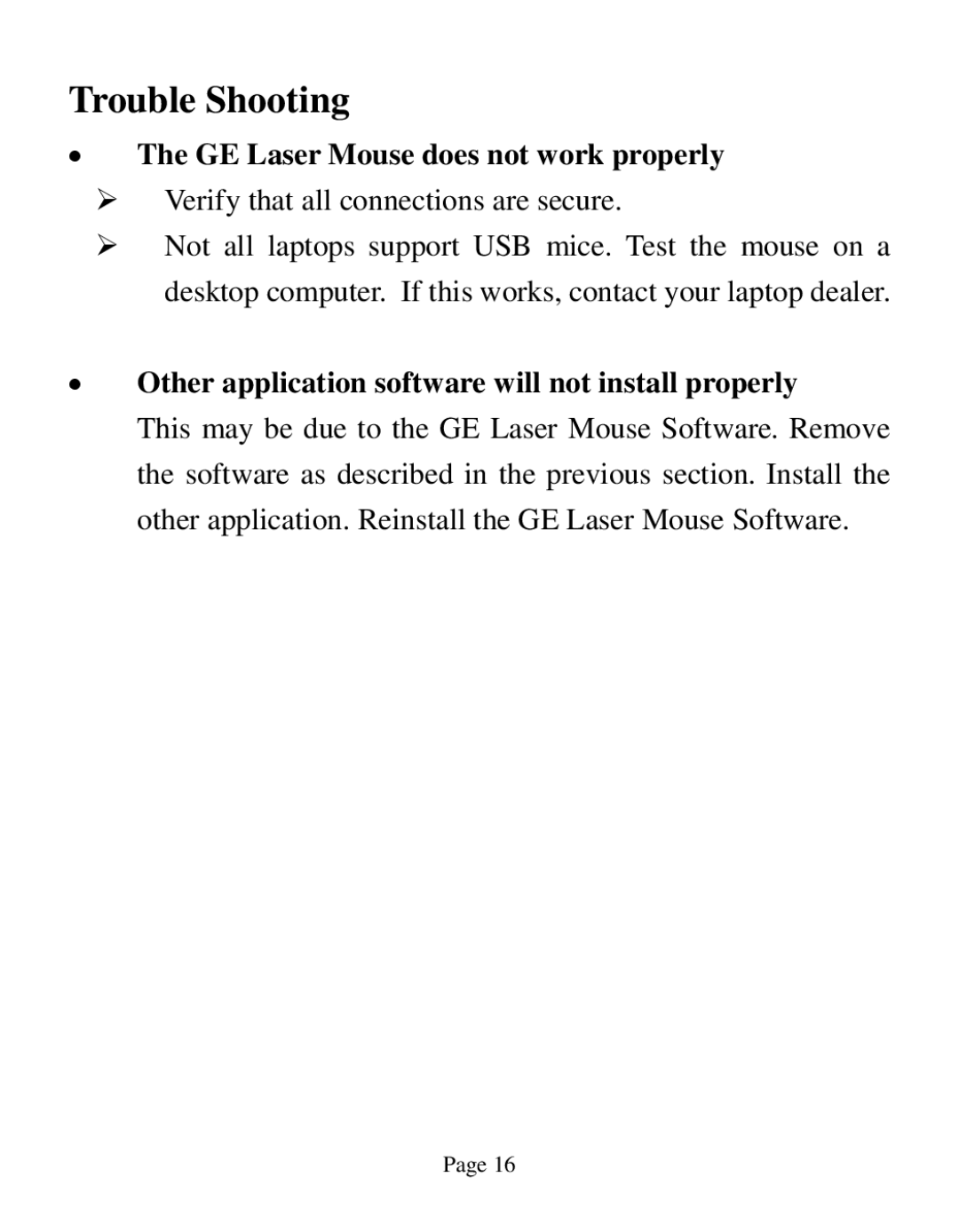 GE HO98535 instruction manual GE Laser Mouse does not work properly 