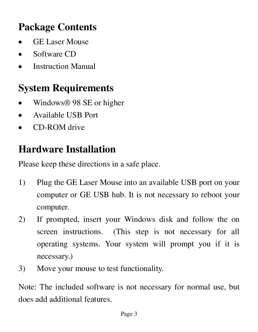 GE HO98535 instruction manual Package Contents 