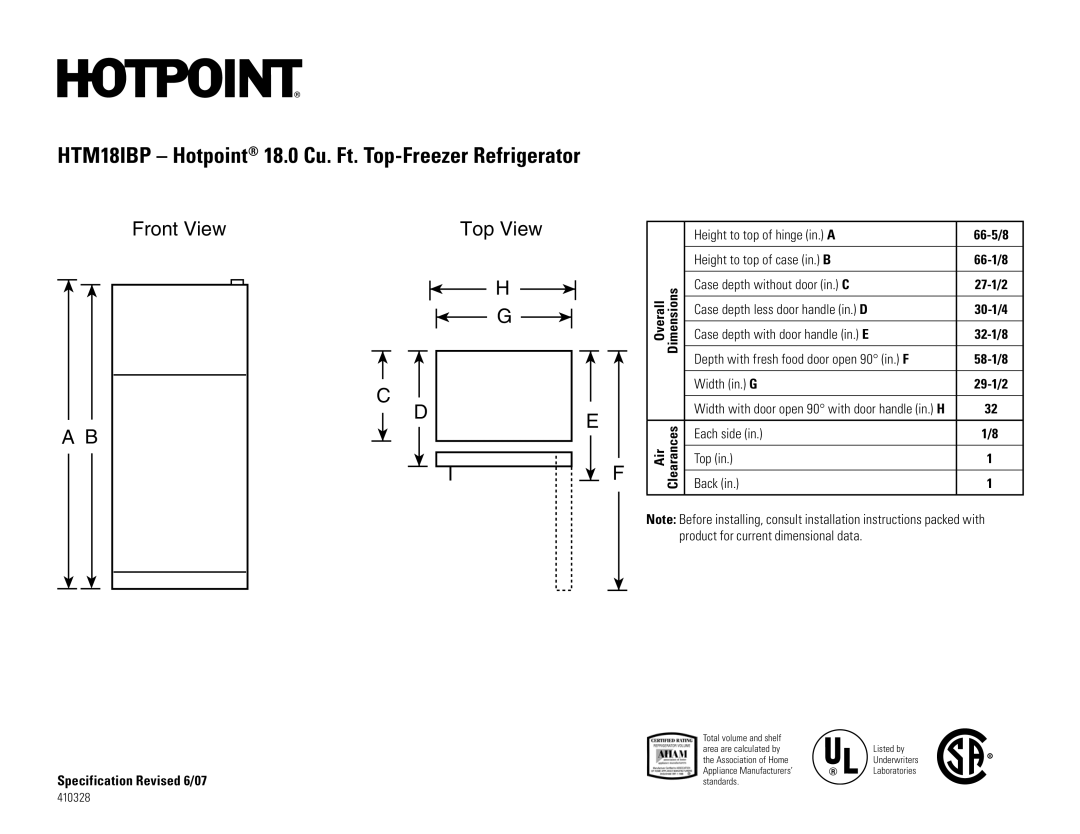 GE HTM18IBPSA dimensions HTM18IBP Hotpoint 18.0 Cu. Ft. Top-Freezer Refrigerator, Front View Top View 