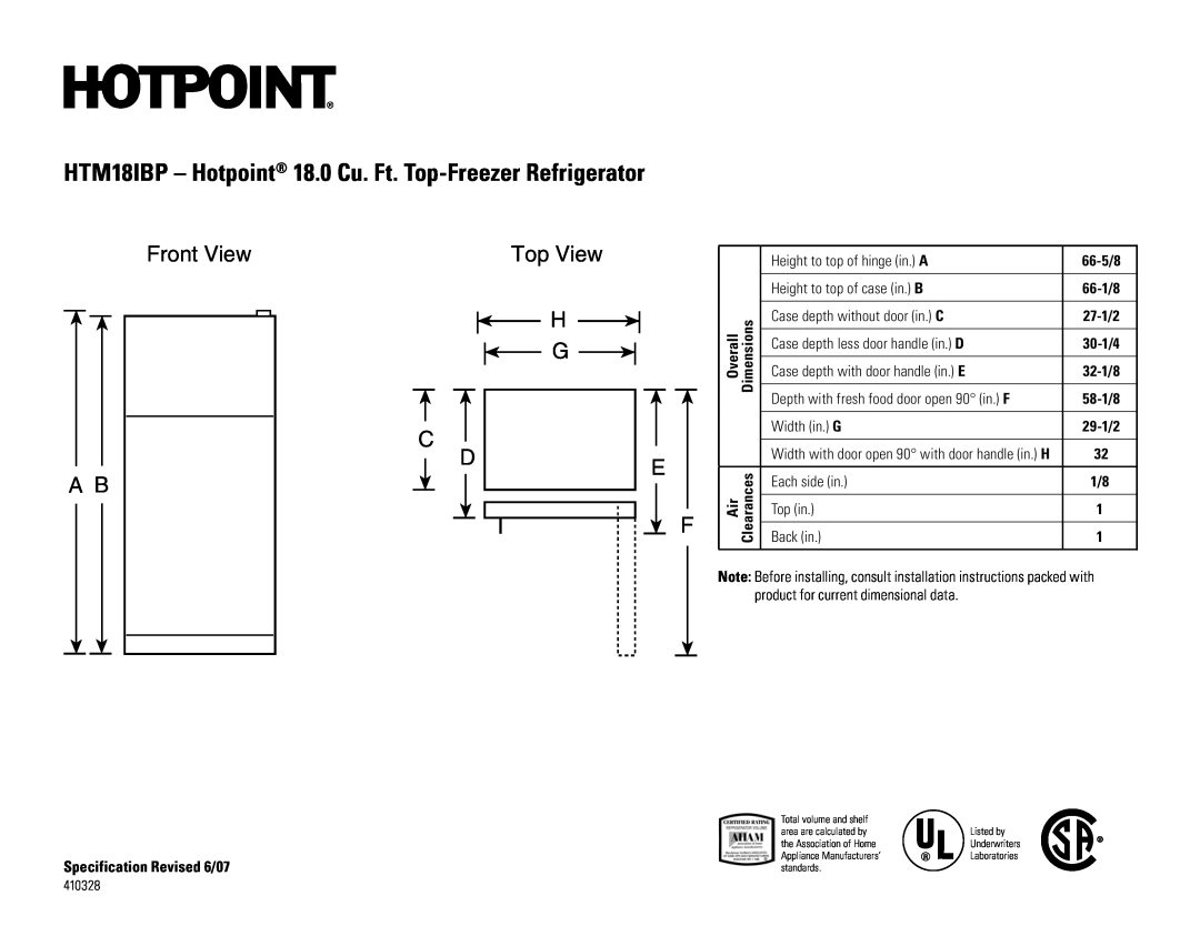 GE HTM18IBPSA dimensions HTM18IBP - Hotpoint 18.0 Cu. Ft. Top-Freezer Refrigerator, Front View A B, Top View H G D 