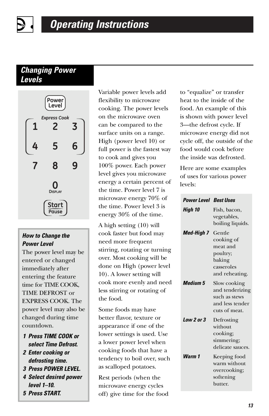 GE JNM1541 Changing Power Levels, How to Change Power Level, Press Power Level Select desired power level Press Start 