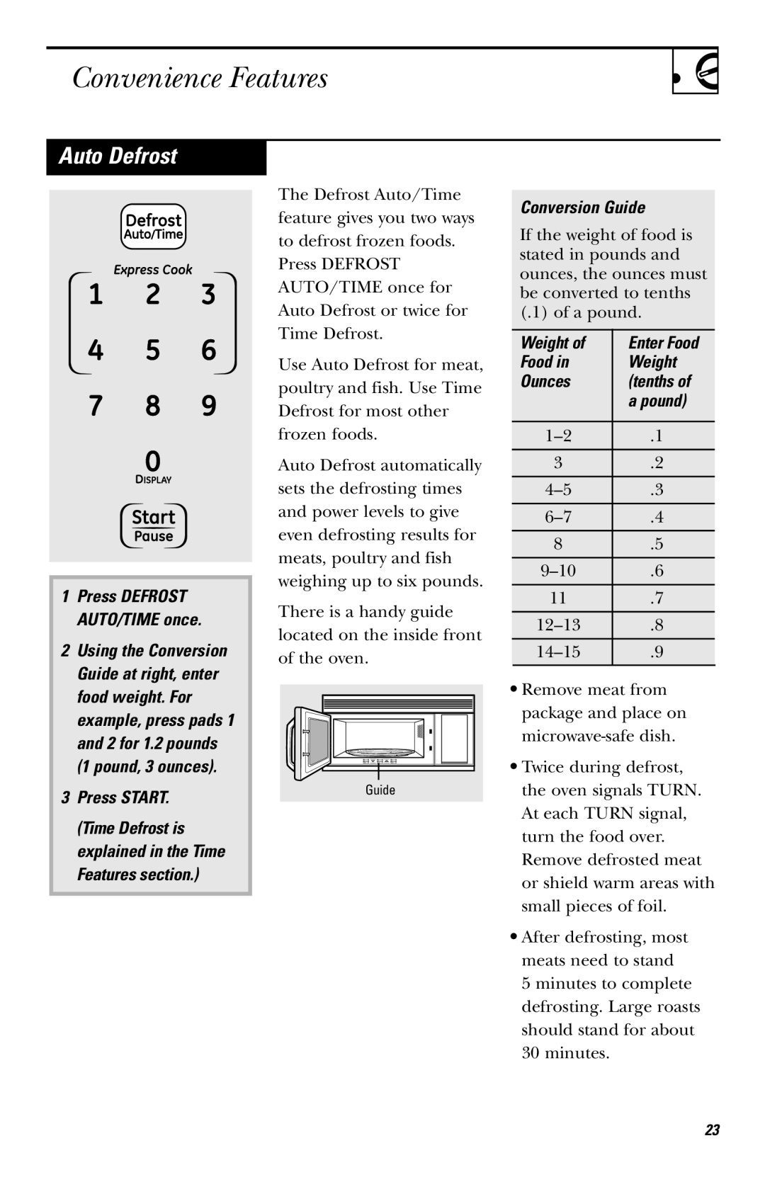 GE JVM1540, HVM1540, JNM1541 owner manual Auto Defrost, Conversion Guide, Food Weight Ounces Tenths Pound 