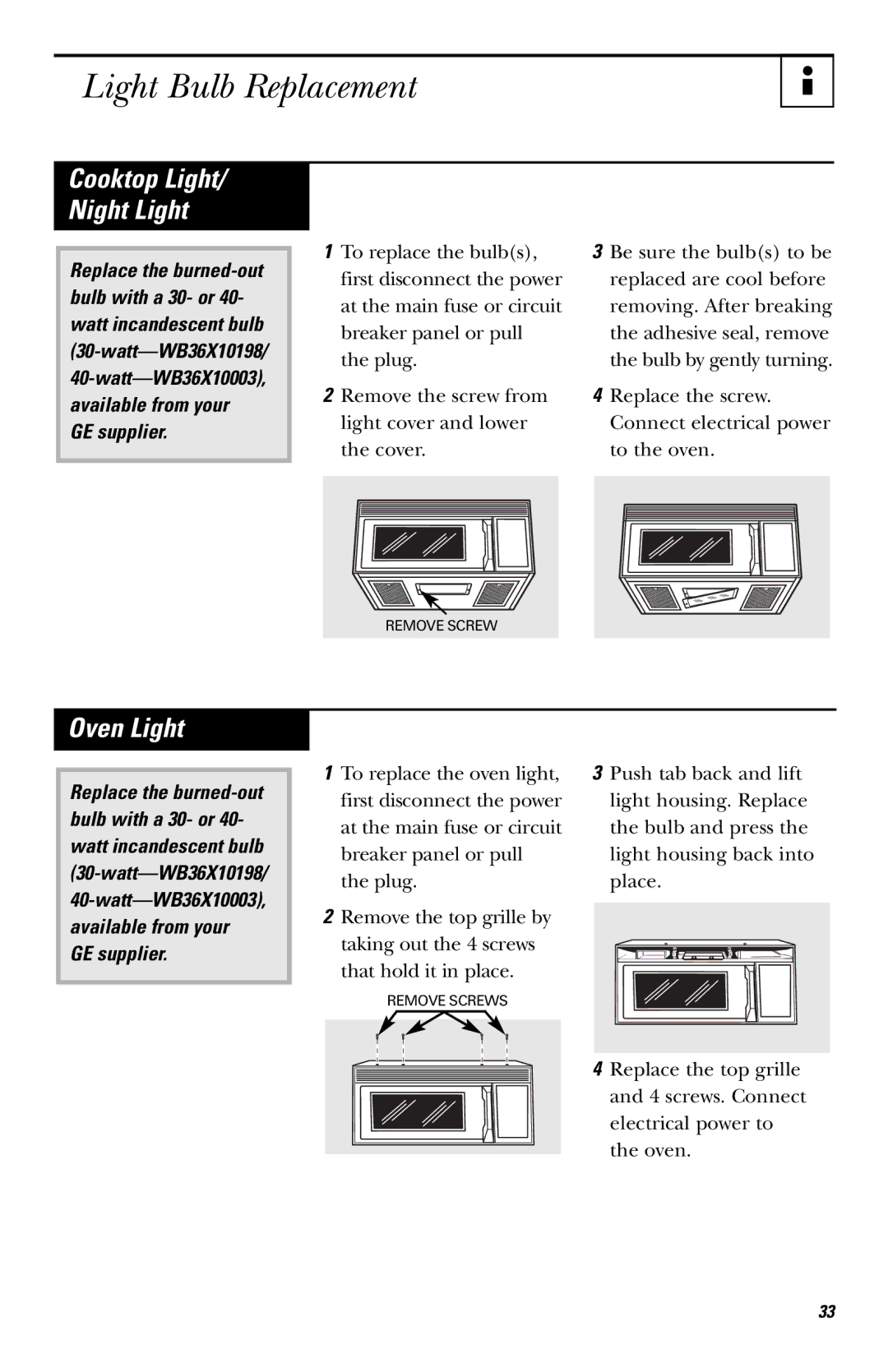 GE HVM1540, JNM1541, JVM1540 owner manual Light Bulb Replacement, Oven Light 