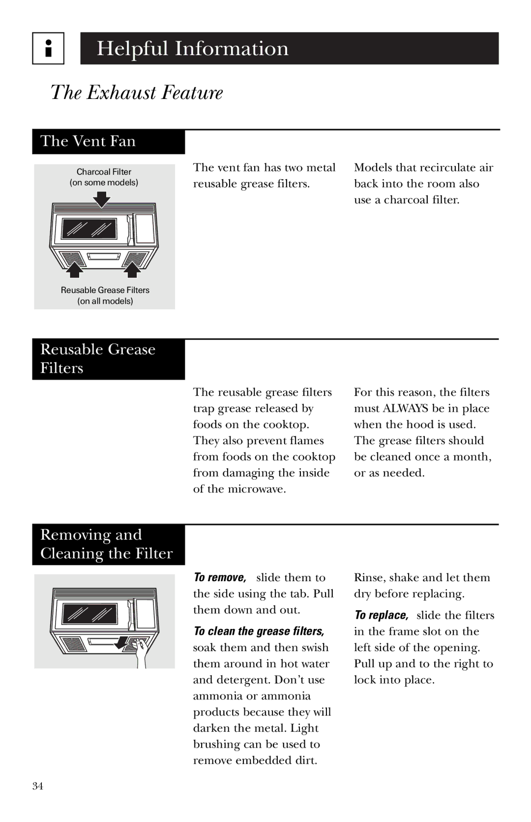 GE JNM1541, HVM1540, JVM1540 owner manual Exhaust Feature, Reusable Grease Filters, Removing Cleaning the Filter 